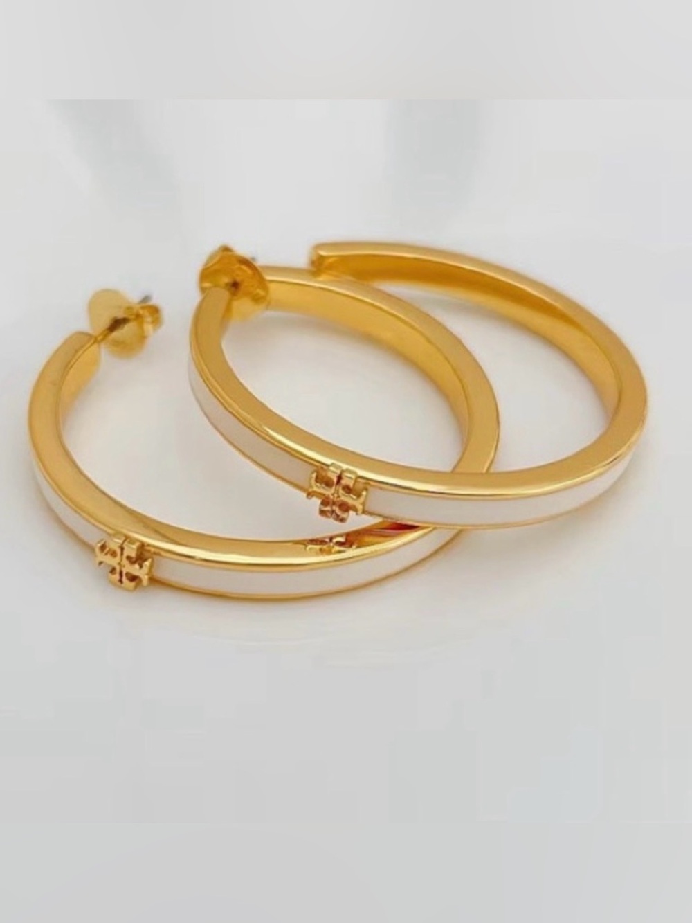 Tory Burch Gold Large Hoop Earrings with White Enamel Trim